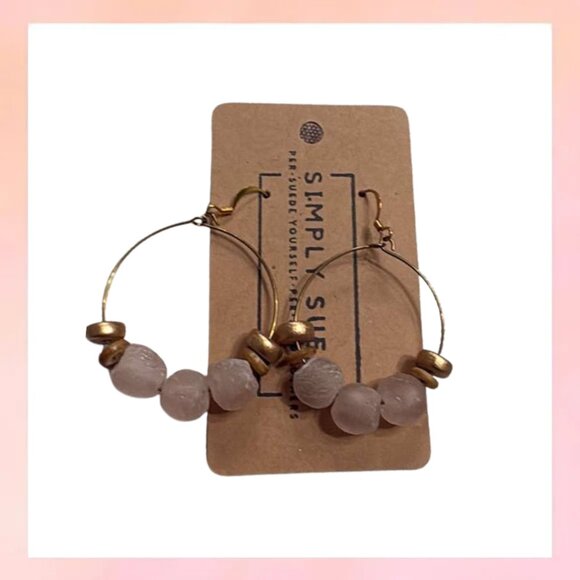 Jewelry - Pink Frosted Sea Glass Beaded Hoop Earrings Gold Accent Boho Beach